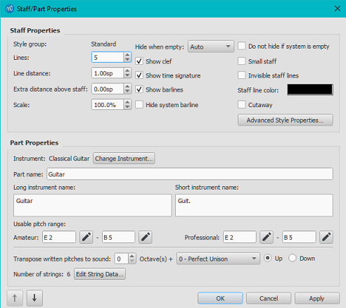 Staff/Part properties dialog