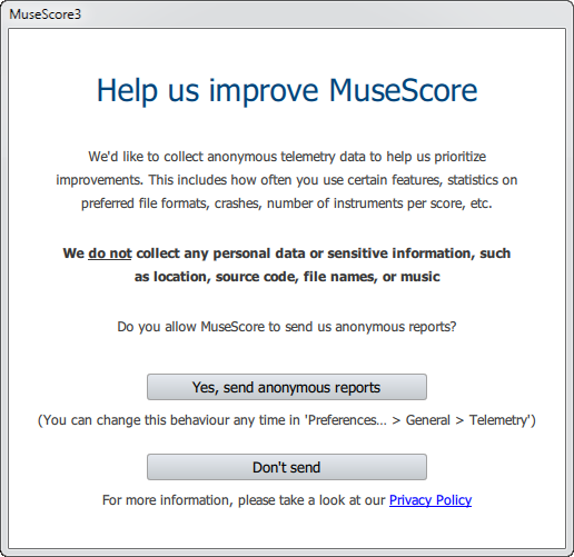 Startup Wizzard - Telemetry dialog