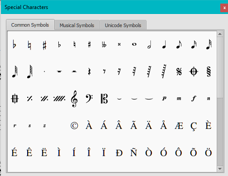 The Special Characters palette contains buttons for inserting symbols into the text (e.g. quarter note), or special characters (e.g. copyright symbol, ©)